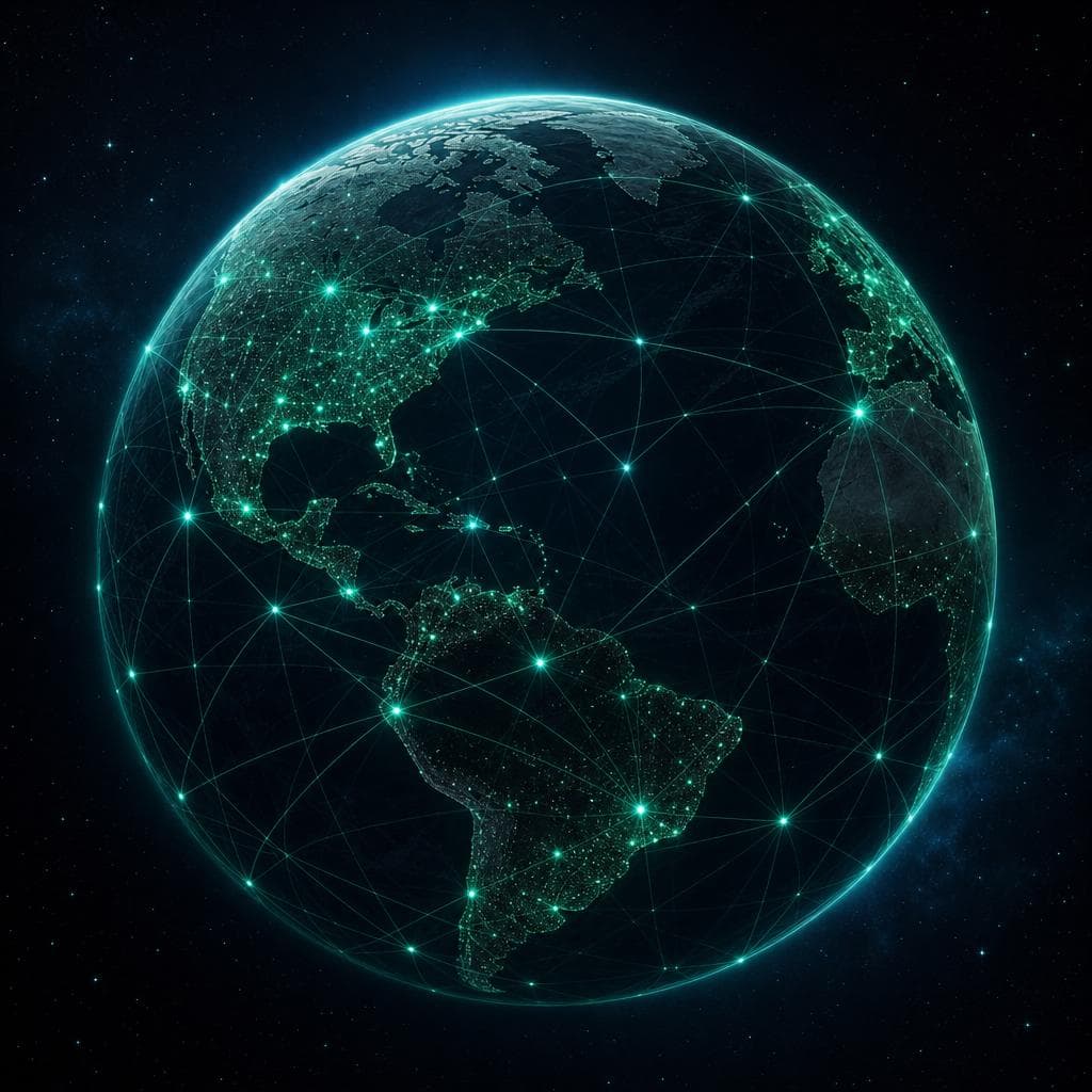 Global monitoring network — 8 region nodes connected worldwide