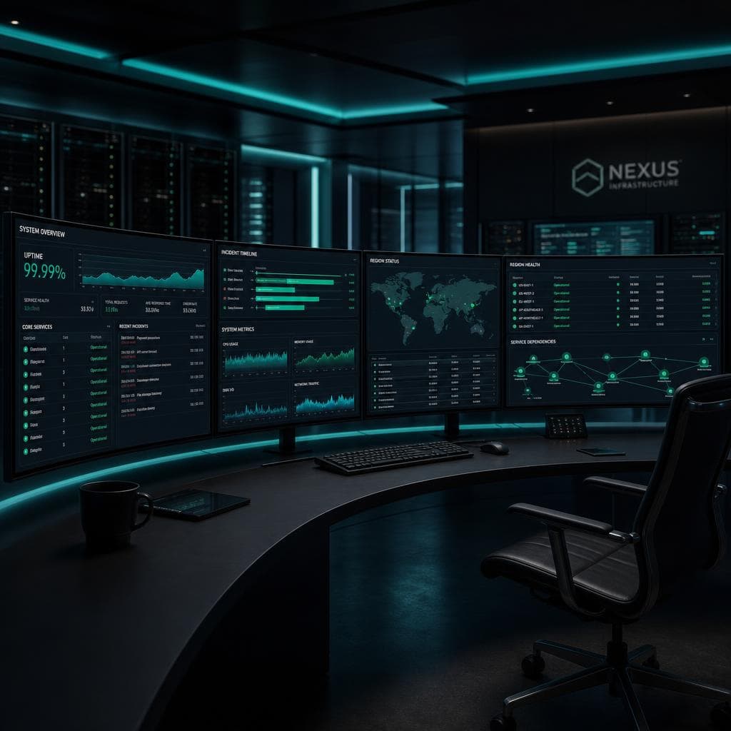 Dark monitoring operations center with teal dashboard screens at 3am