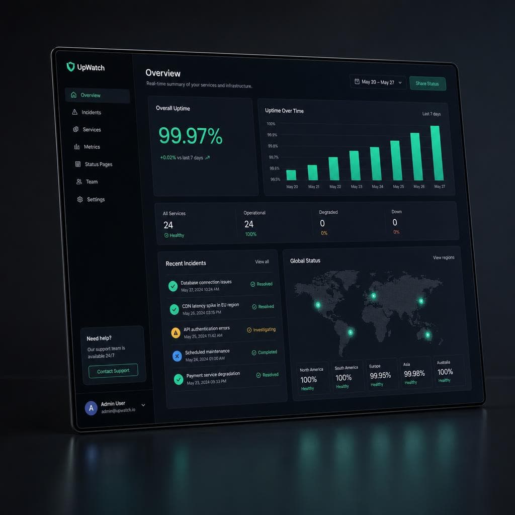 Sentinel website monitoring dashboard — uptime metrics, incident list, region health